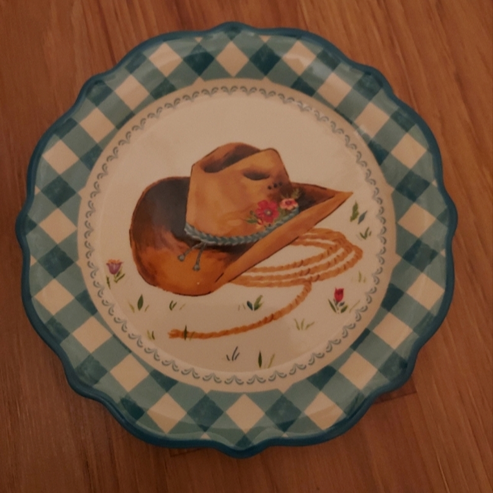 Pioneer Woman Teal Gingham Cowboy Hat Dessert Plate Replacement